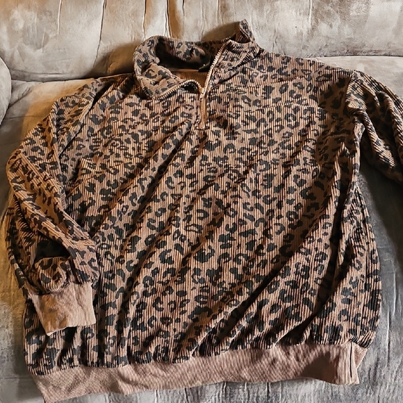 Dazy Tops - Women's Brown Leopard-Print Half Zip Pullover